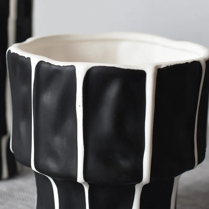 Black and White Stripe Ceramic Vase Irregular Handmade Flower