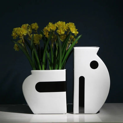 Ceramic Vase Abstract Floral Arrangement in Black and White Ceramic Crafts