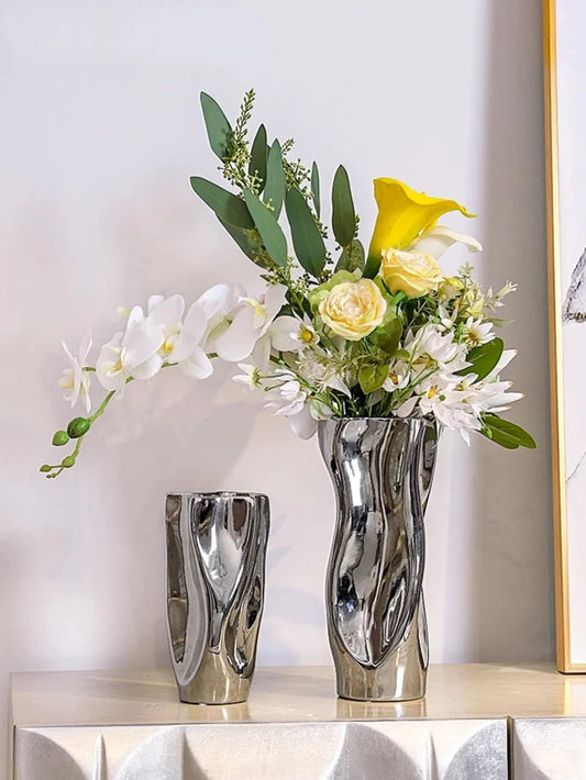 Silver ceramic vase with mirror surface