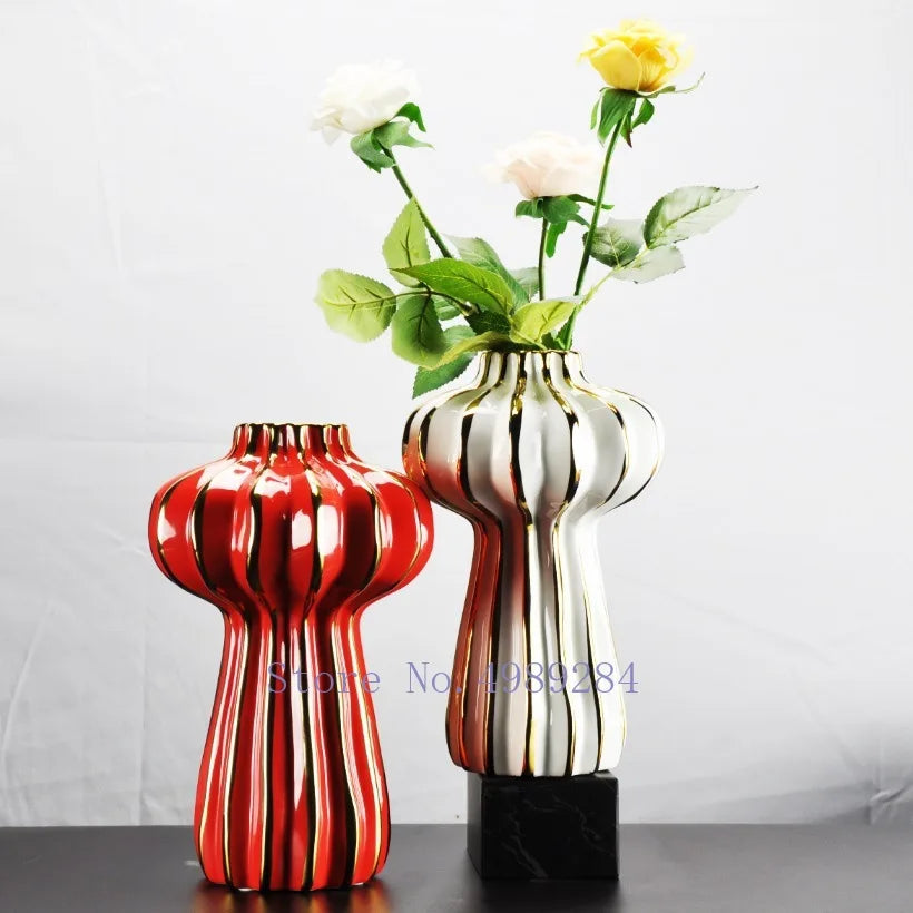 Ceramic Vase Golden Lantern Stripe Abstract Geometry Flower