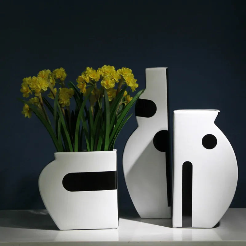 Ceramic Vase Abstract Floral Arrangement in Black and White Ceramic Crafts