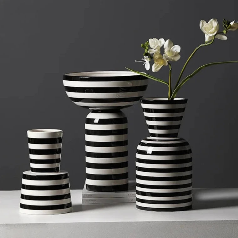 Classic Black & White Striped Ceramic Vase