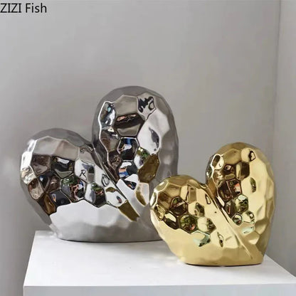 Gold Plated Heart Shape Ceramic Statue Crafts