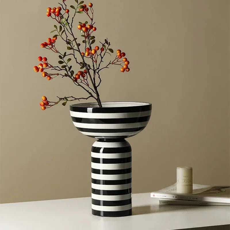 Classic Black & White Striped Ceramic Vase