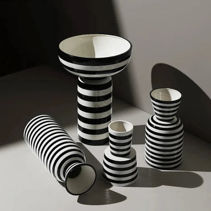 Classic Black & White Striped Ceramic Vase